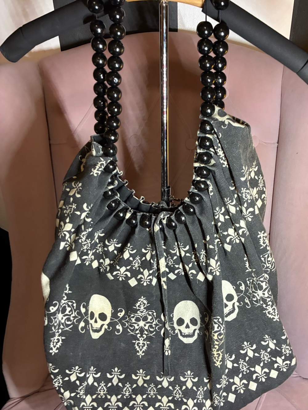 Black Skull-Print Beaded Handle Tote Bag - Edgy/Boho